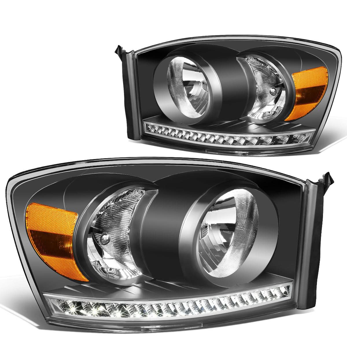 06-09 Dodge Ram LED DRL Headlights - Black Housing Amber Corner