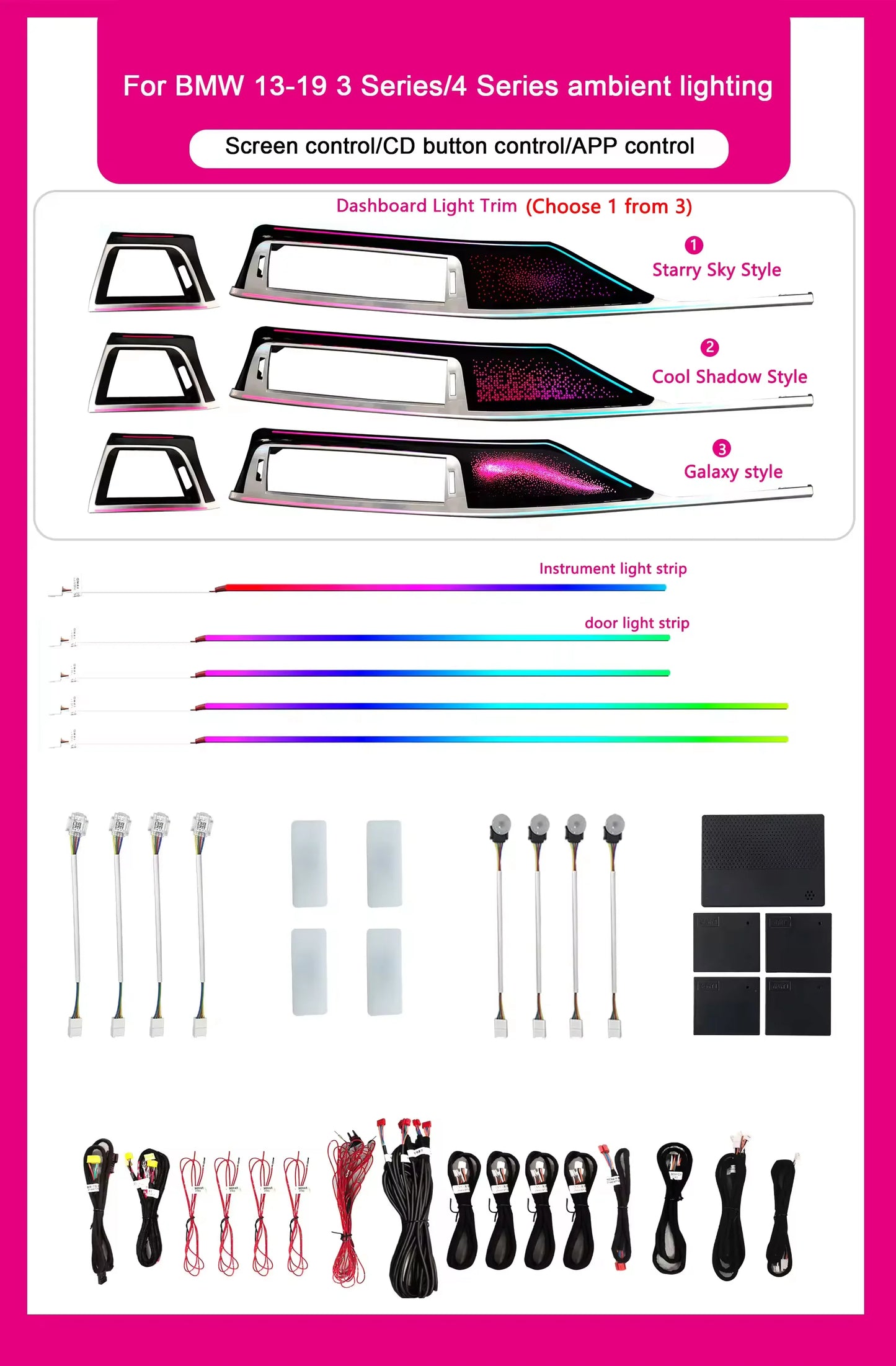BMW 3 Series F30 / F31 / F34 / F35 / F36 Interior 64-Color LED Ambient Light Kit 2013 - 2019