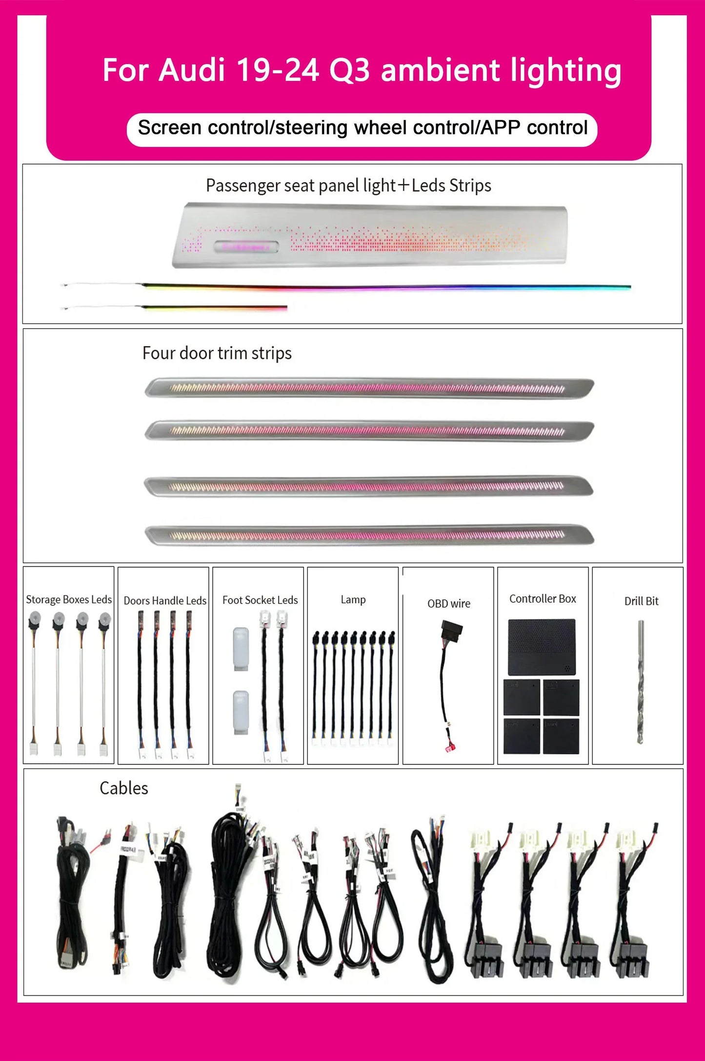 Audi Q3 Interior 64-Color Symphony Rainbow Dynamic LED Ambient Light Kit 2019 - 2025