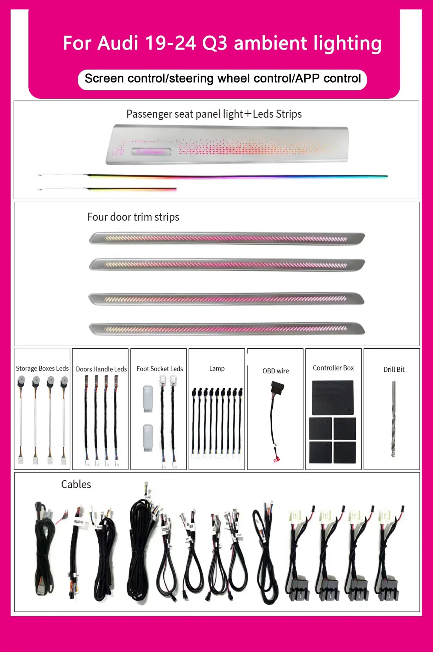 Audi Q3 Interior 64-Color Dynamic LED Ambient Light Kit 2019 - 2024