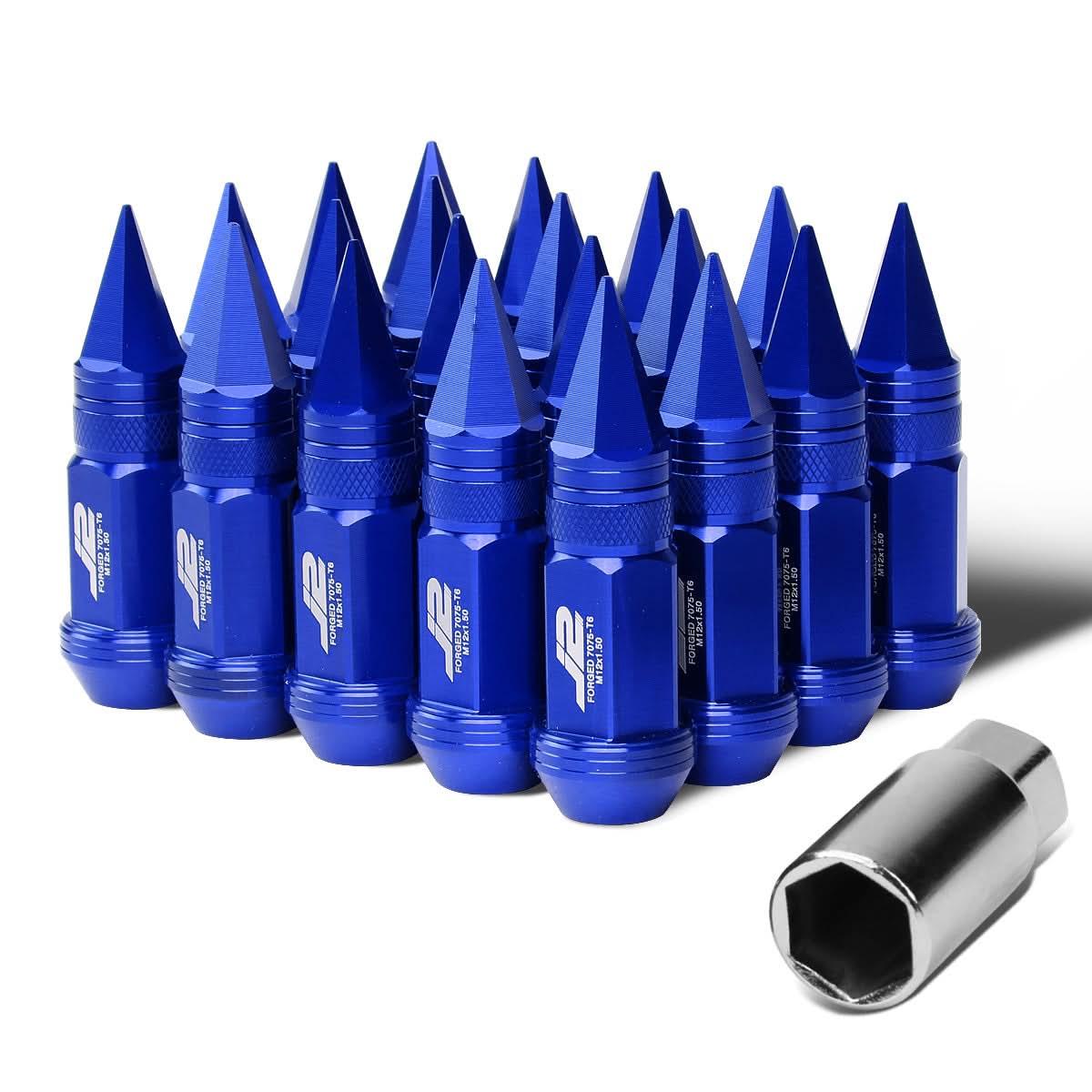 Spiked Aluminum Lug Nuts 80mm M12x1.5 20pc Set with Adapter Blue