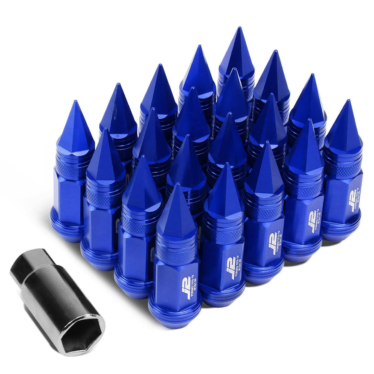 Spiked Aluminum Lug Nuts 80mm M12x1.5 20pc Set with Adapter Blue
