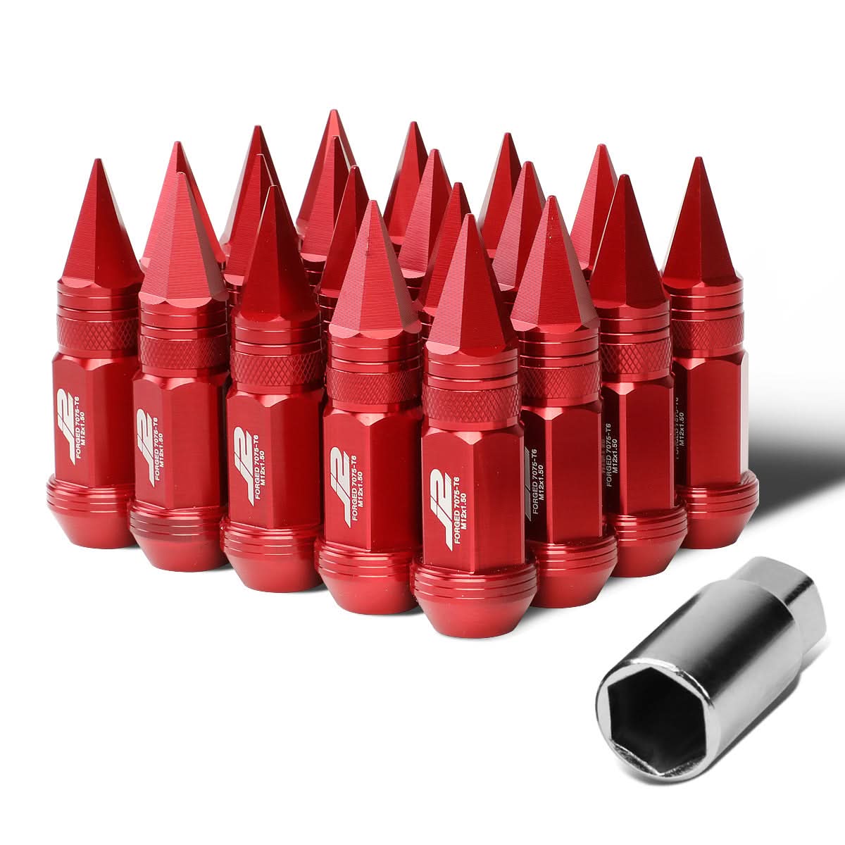 Spiked Cap Lug Nuts 20pc Set M12x1.5 80mm Aluminum Red