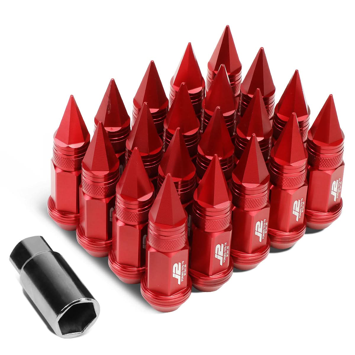 Spiked Cap Lug Nuts 20pc Set M12x1.5 80mm Aluminum Red