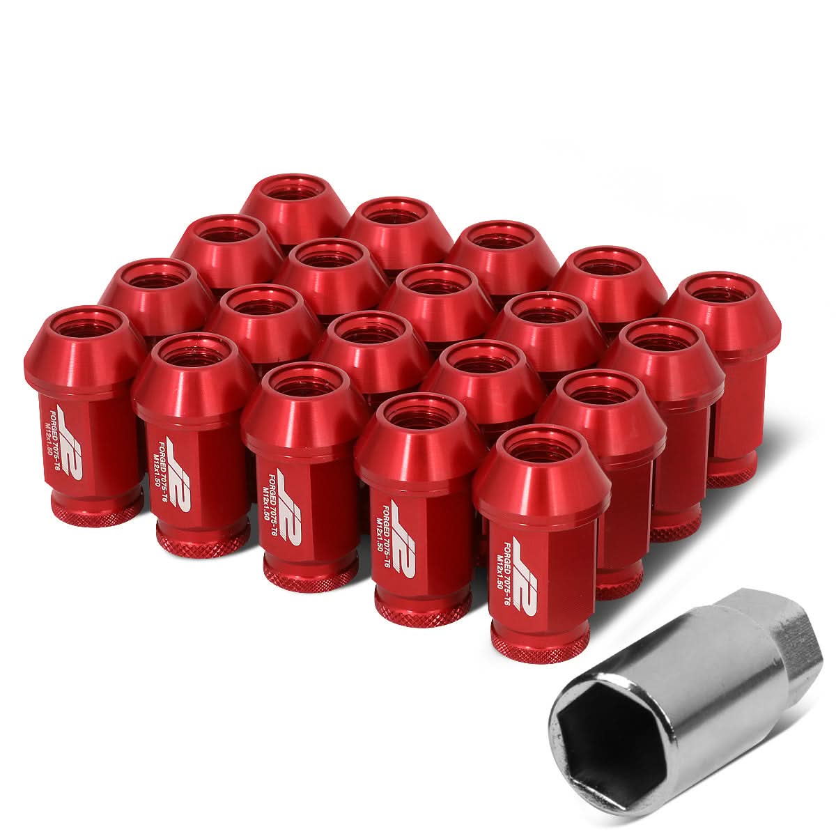 Aluminum Open-End Lug Nuts 40MM M12X1.5 Red 20PCS w/ Adapter