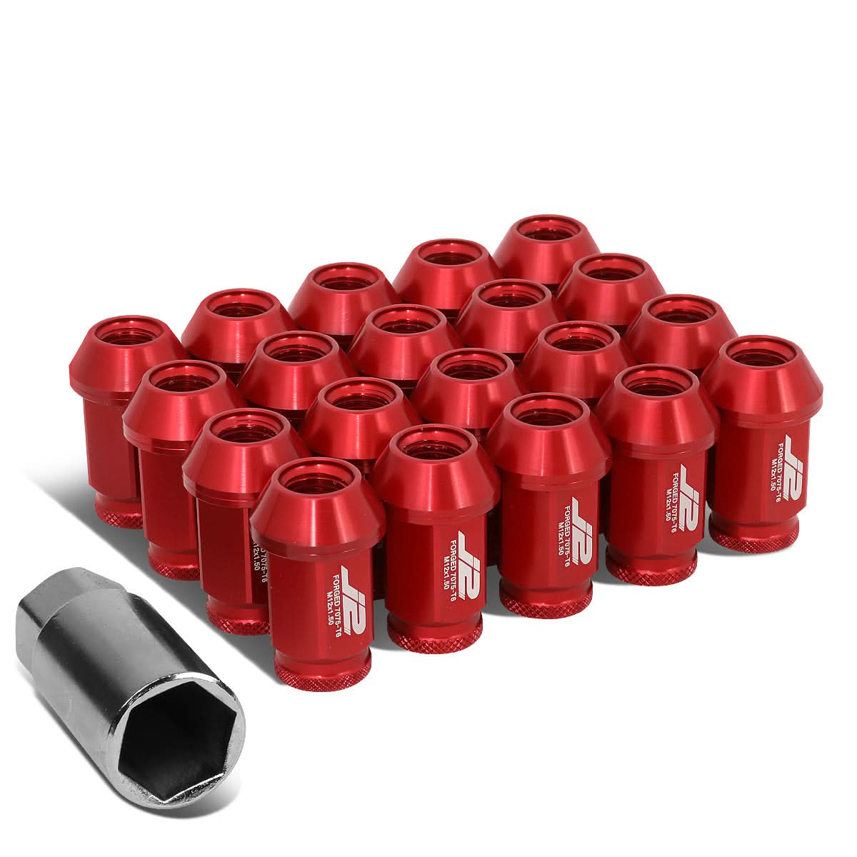 Aluminum Open-End Lug Nuts 40MM M12X1.5 Red 20PCS w/ Adapter