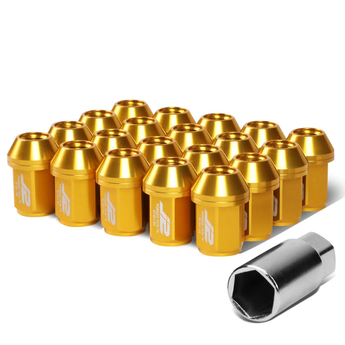 M12x1.5 Close-End Aluminum Lug Nuts 35mm Gold 20pc Set w/ Adapter