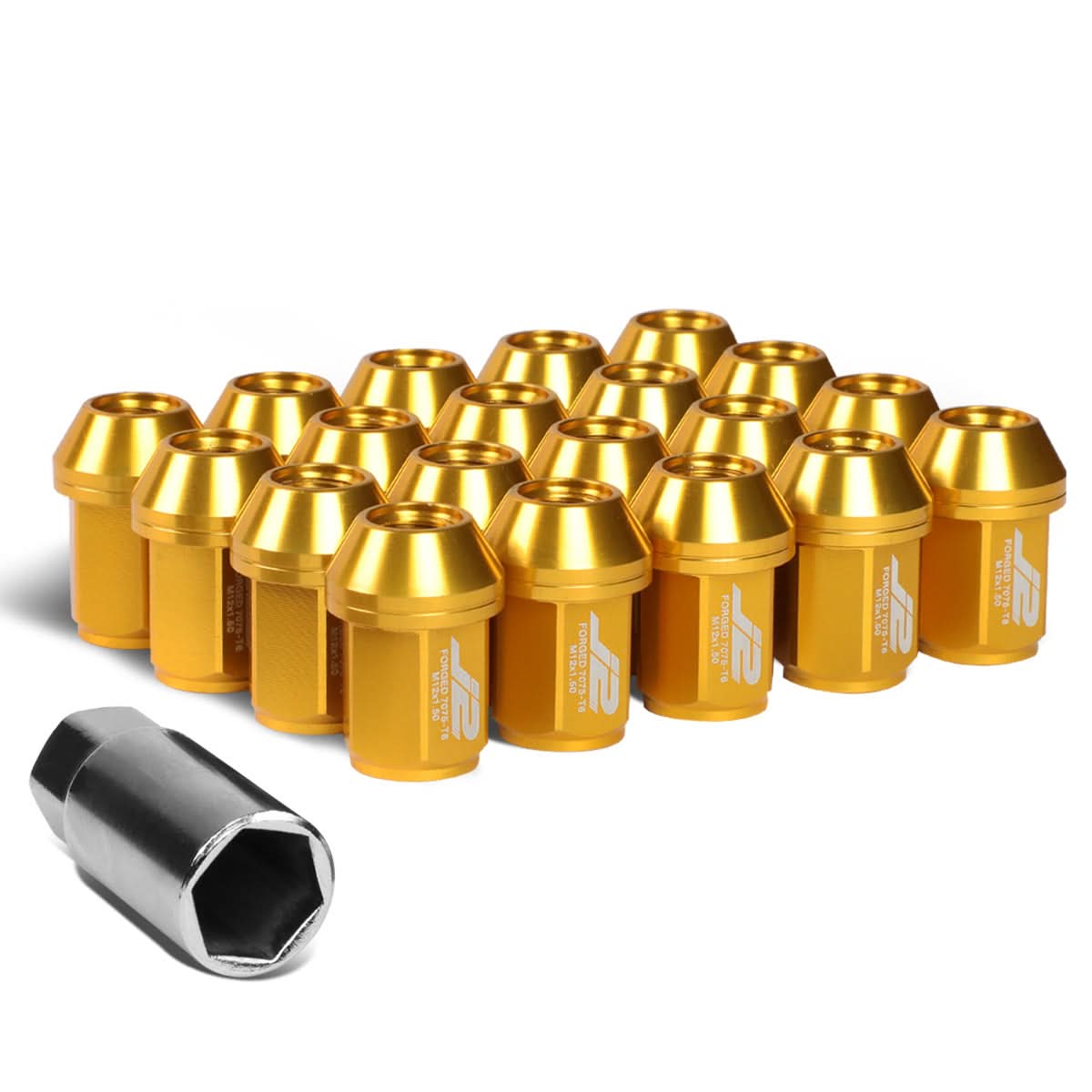 M12x1.5 Close-End Aluminum Lug Nuts 35mm Gold 20pc Set w/ Adapter