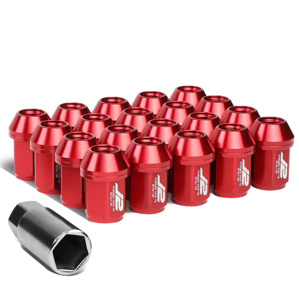 Aluminum Close-End Lug Nuts M12X1.5 35mm Red 20pc Set w/ Adapter