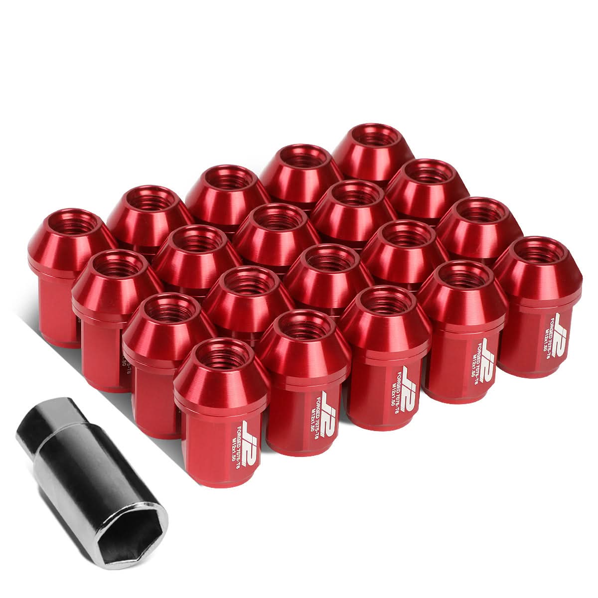Aluminum Close-End Lug Nuts M12X1.5 35mm Red 20pc Set w/ Adapter