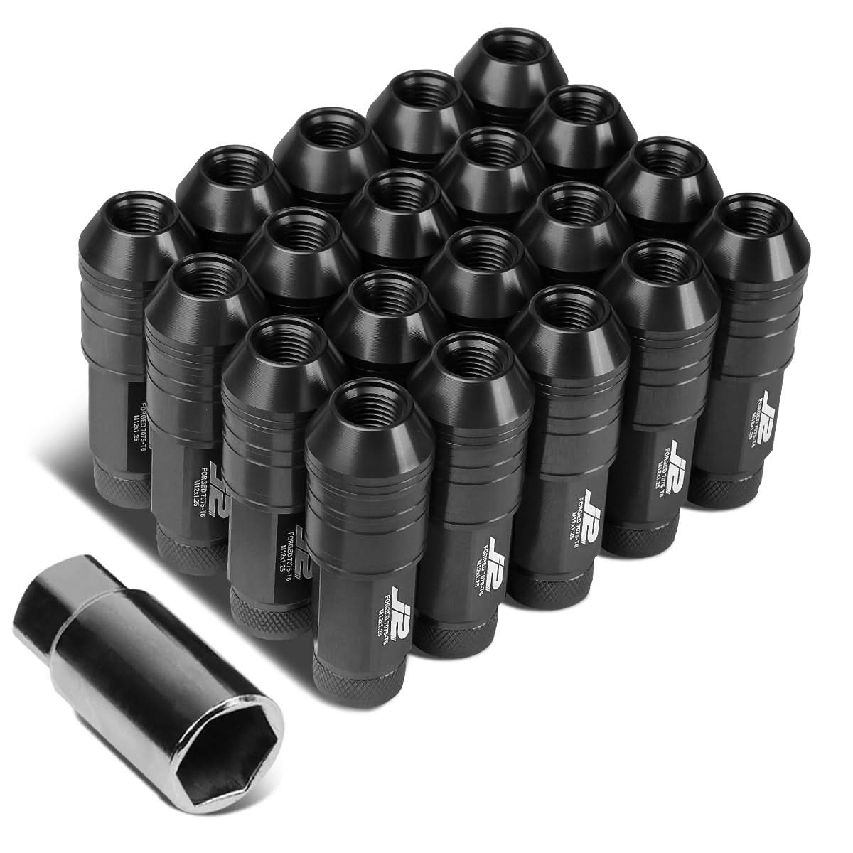 Aluminum Lug Nuts M12x1.25 Open End 70mm 20pc Set with Key Black