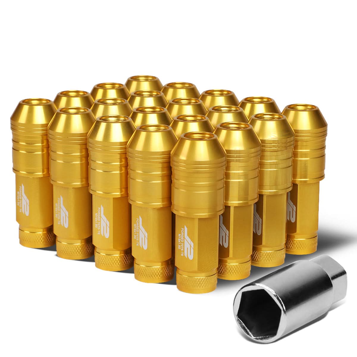 Universal Aluminum Open-End Lug Nuts 70MM M12x1.5 20PCS w/ Adapter Gold