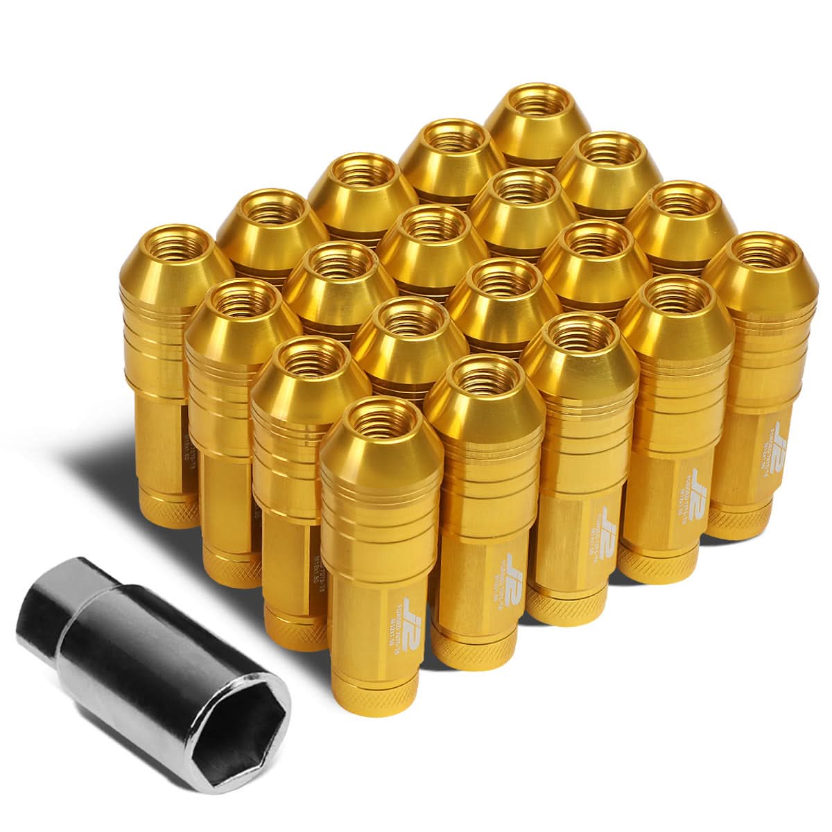 Universal Aluminum Open-End Lug Nuts 70MM M12x1.5 20PCS w/ Adapter Gold