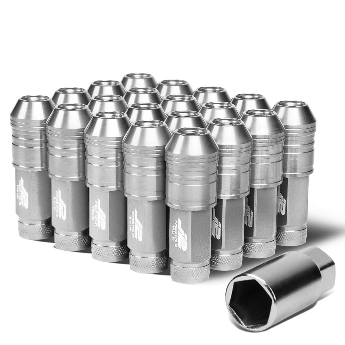 Open End Aluminum Lug Nuts Set 70mm M12x1.5 20pcs w/ Adapter Silver