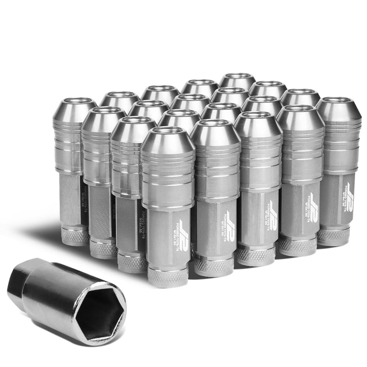 Open End Aluminum Lug Nuts Set 70mm M12x1.5 20pcs w/ Adapter Silver