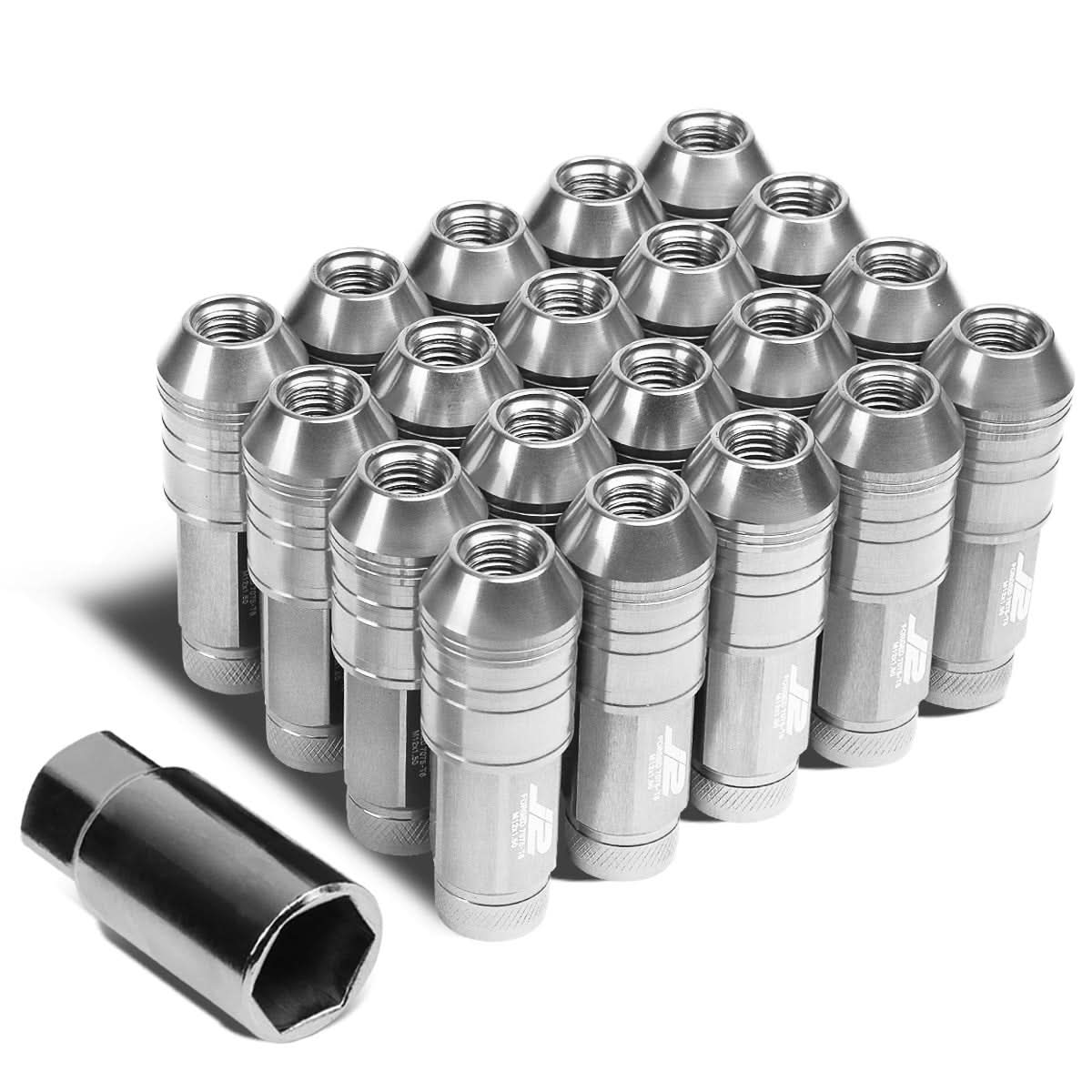 Open End Aluminum Lug Nuts Set 70mm M12x1.5 20pcs w/ Adapter Silver