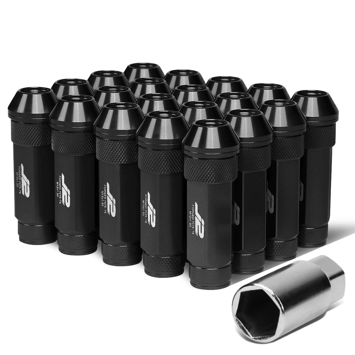 Aluminum Lug Nuts M12x1.5 70mm Open End Black 20pc Set with Key