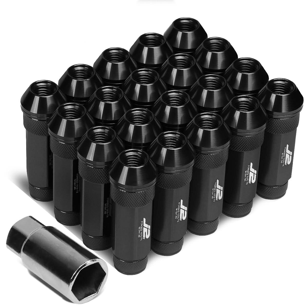 Aluminum Lug Nuts M12x1.5 70mm Open End Black 20pc Set with Key
