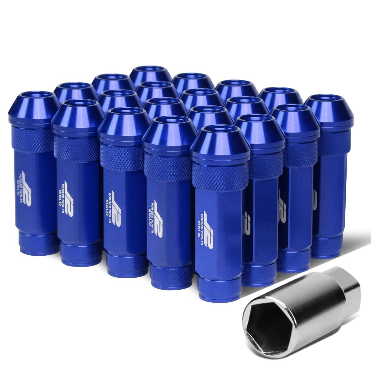 M12x1.5 70mm Open-End Aluminum Lug Nuts 20pc Set w/ Key Blue