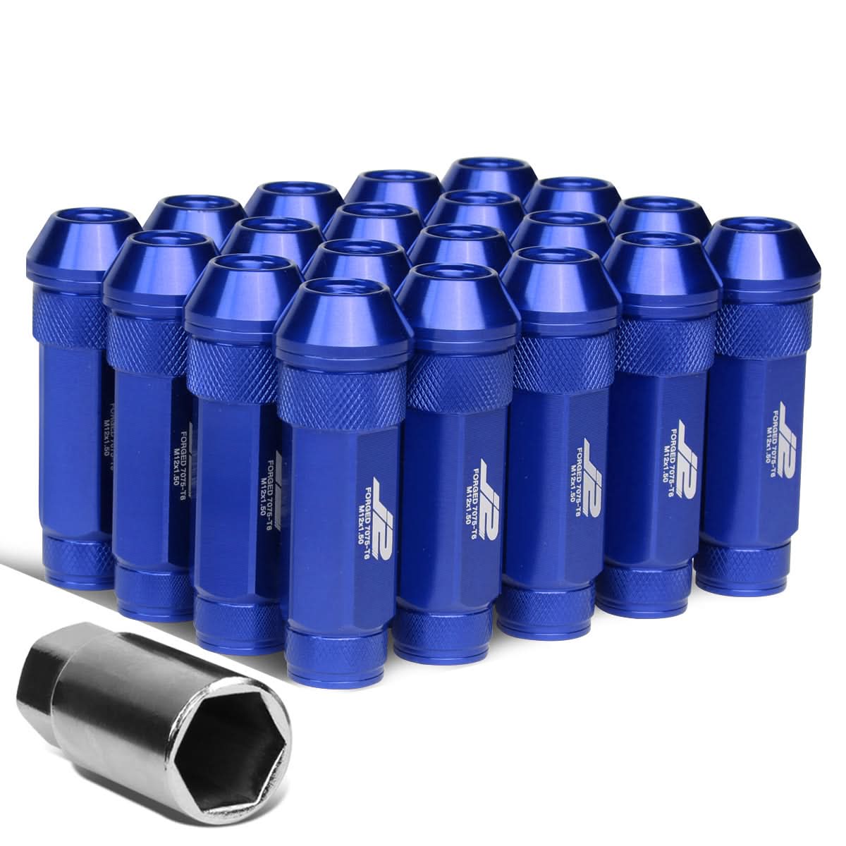 M12x1.5 70mm Open-End Aluminum Lug Nuts 20pc Set w/ Key Blue