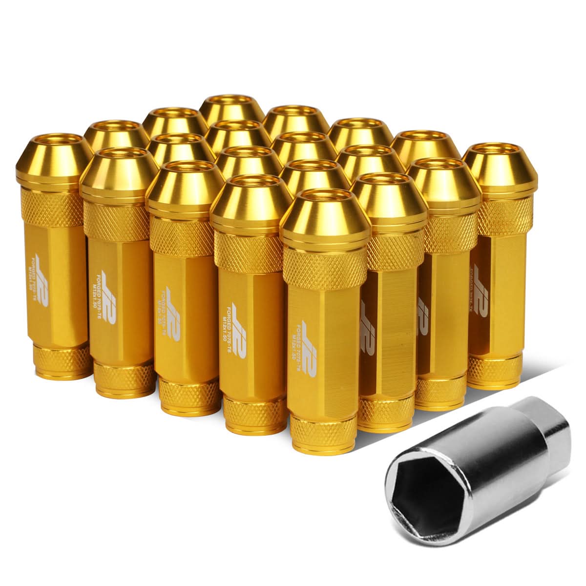 Open-End Aluminum Lug Nuts 70mm M12x1.5 Gold 20pc Set with Key