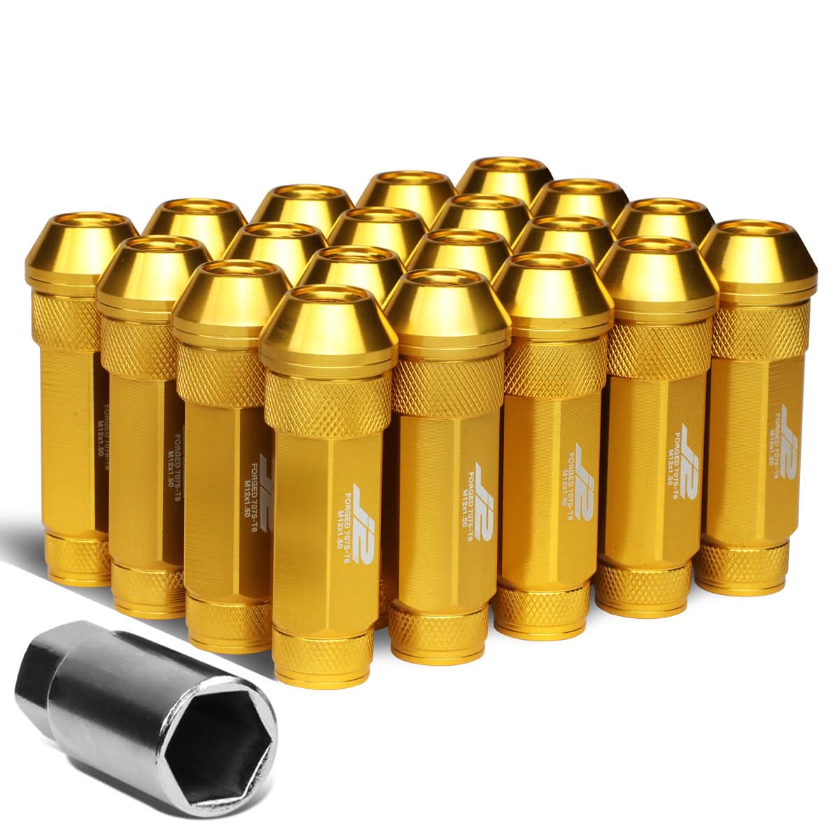 Open-End Aluminum Lug Nuts 70mm M12x1.5 Gold 20pc Set with Key