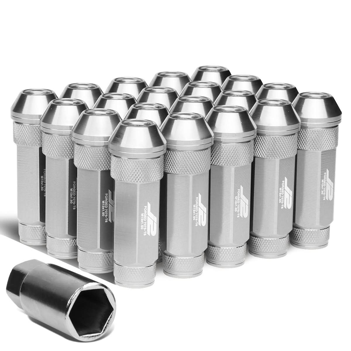 Aluminum Lug Nuts 70MM Open End M12X1.5 20PCS with Key Silver