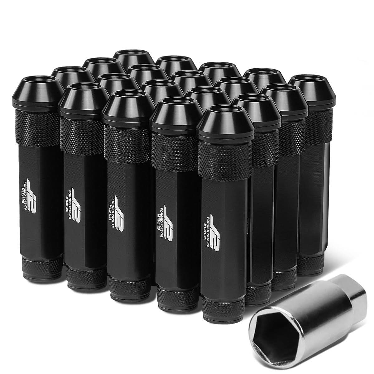 Aluminum Open-End Lug Nuts M12x1.25 90mm 20pcs w/ Adapter Black