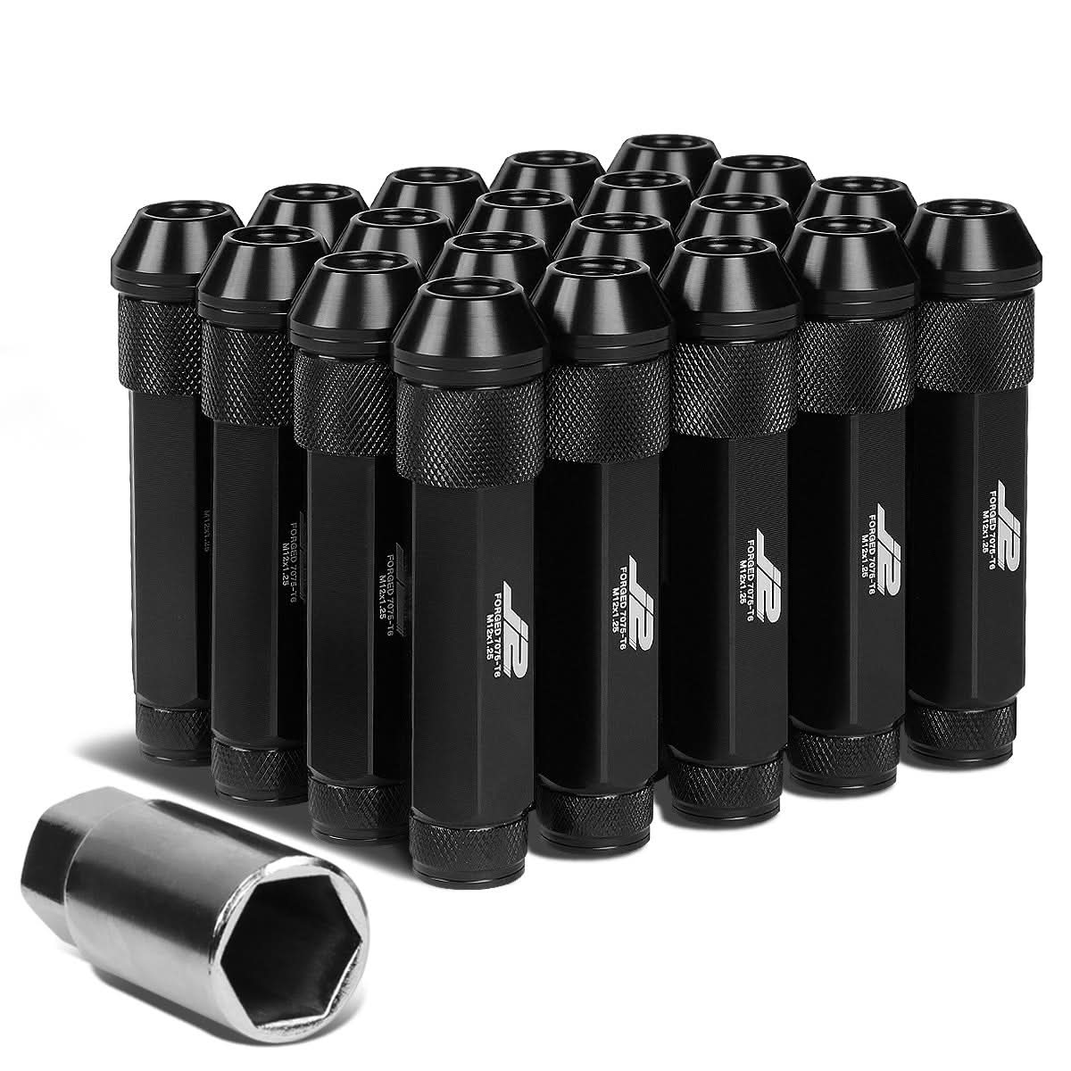 Aluminum Open-End Lug Nuts M12x1.25 90mm 20pcs w/ Adapter Black