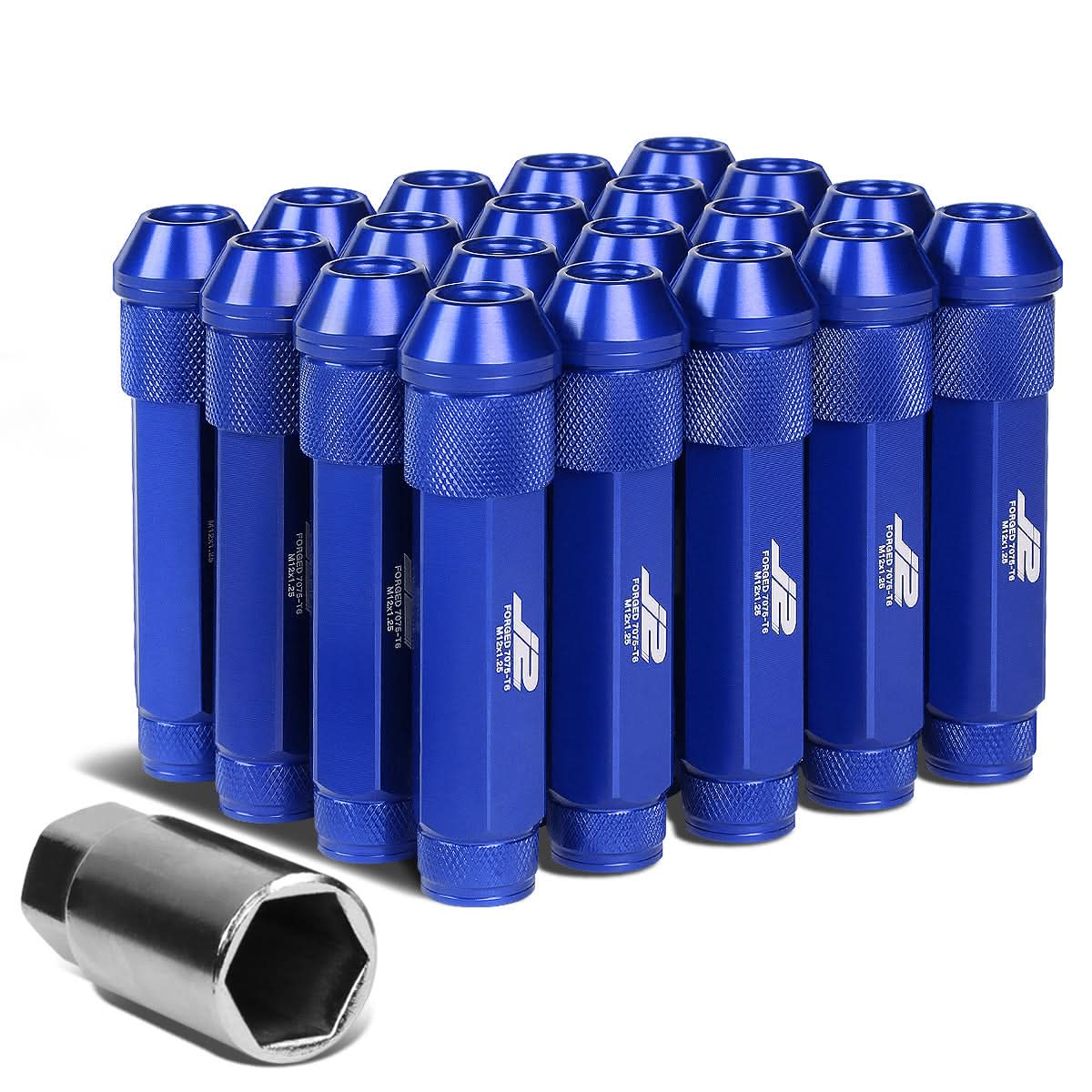 Aluminum Lug Nuts Open End 90mm M12x1.25 20pc Set with Adapter Blue