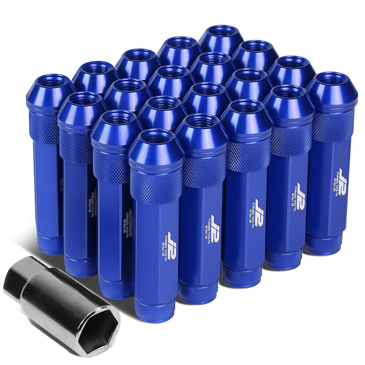 Aluminum Lug Nuts Open End 90mm M12x1.25 20pc Set with Adapter Blue