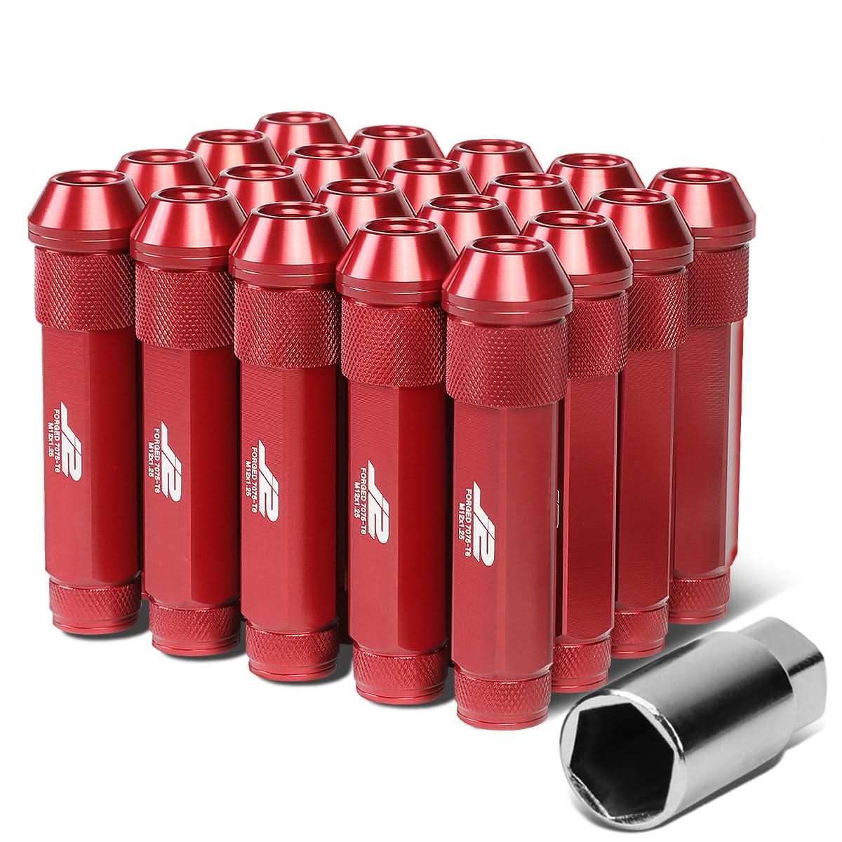 Aluminum Open-End Lug Nuts 90MM M12X1.25 Red 20PCS w/ Adapter
