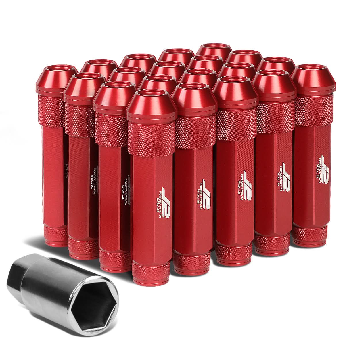 Aluminum Open-End Lug Nuts 90MM M12X1.25 Red 20PCS w/ Adapter