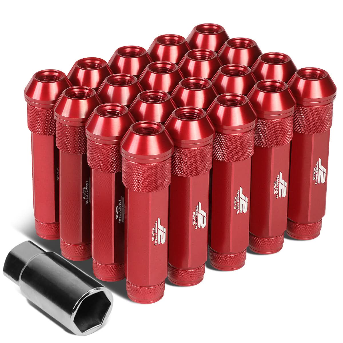 Aluminum Open-End Lug Nuts 90MM M12X1.25 Red 20PCS w/ Adapter