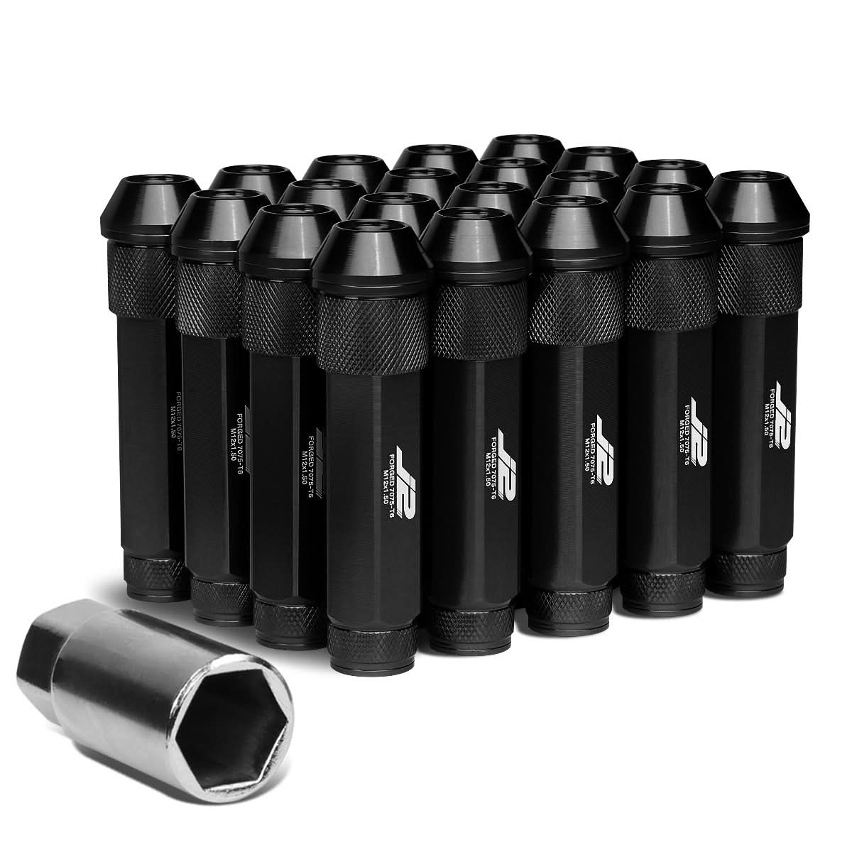 Universal Aluminum Open-End Lug Nuts 90MM M12X1.5 20PCS with Adapter Black