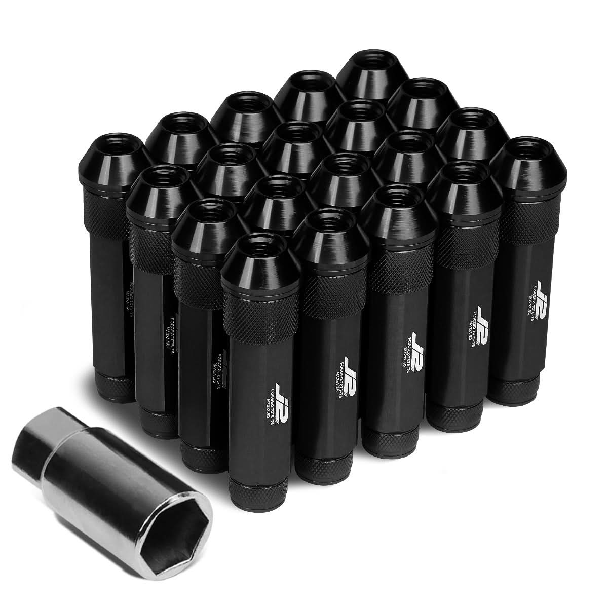 Universal Aluminum Open-End Lug Nuts 90MM M12X1.5 20PCS with Adapter Black