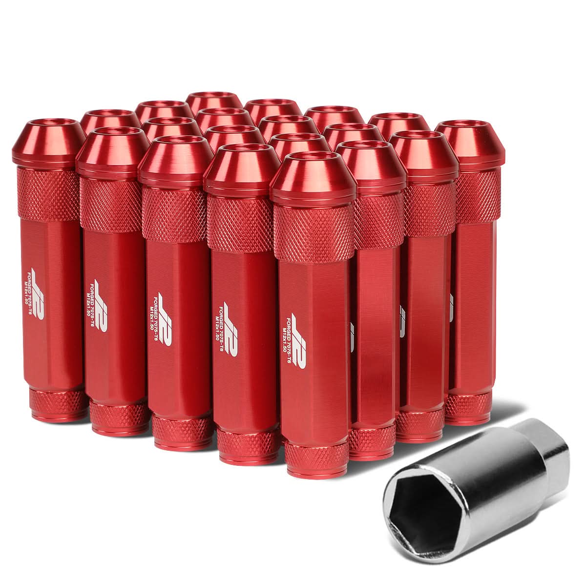 Aluminum Open-End Lug Nuts M12x1.5 90mm Red 20 Piece Set w/ Adapter