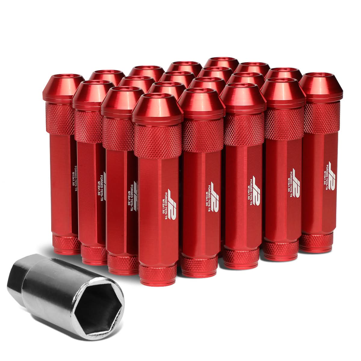 Aluminum Open-End Lug Nuts M12x1.5 90mm Red 20 Piece Set w/ Adapter
