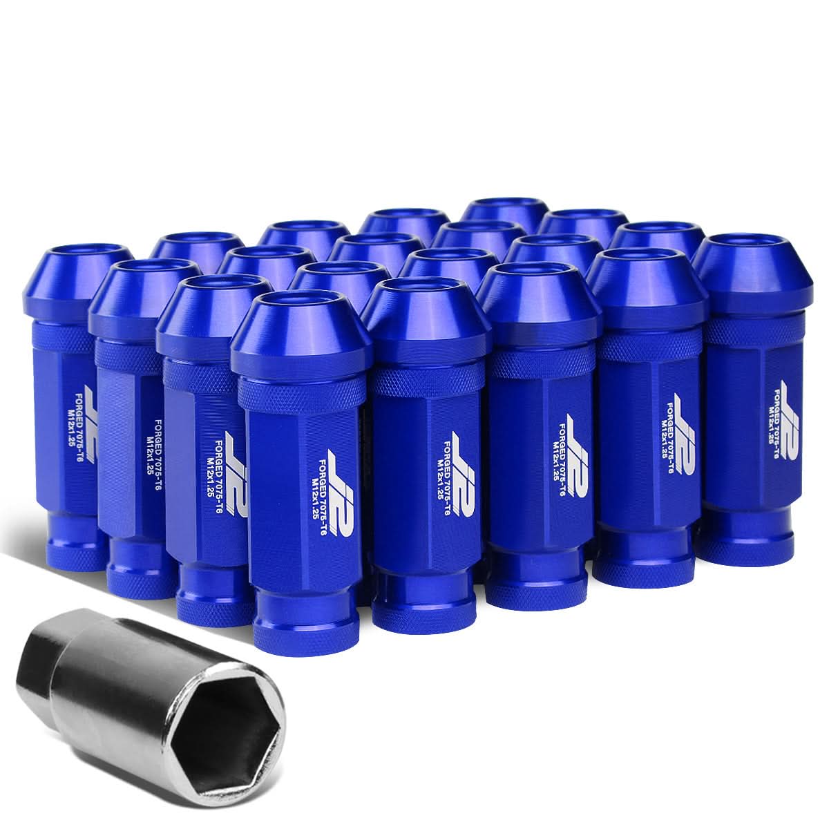 Aluminum Open-End Lug Nuts 60mm M12x1.25 Blue 20pcs w/ Adapter