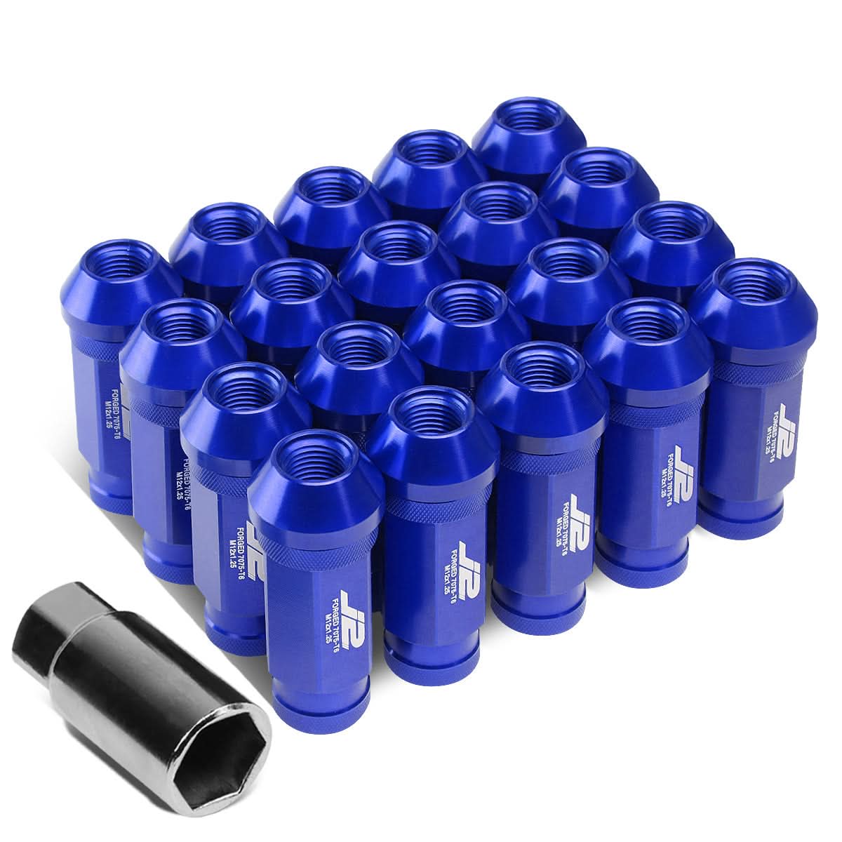 Aluminum Open-End Lug Nuts 60mm M12x1.25 Blue 20pcs w/ Adapter