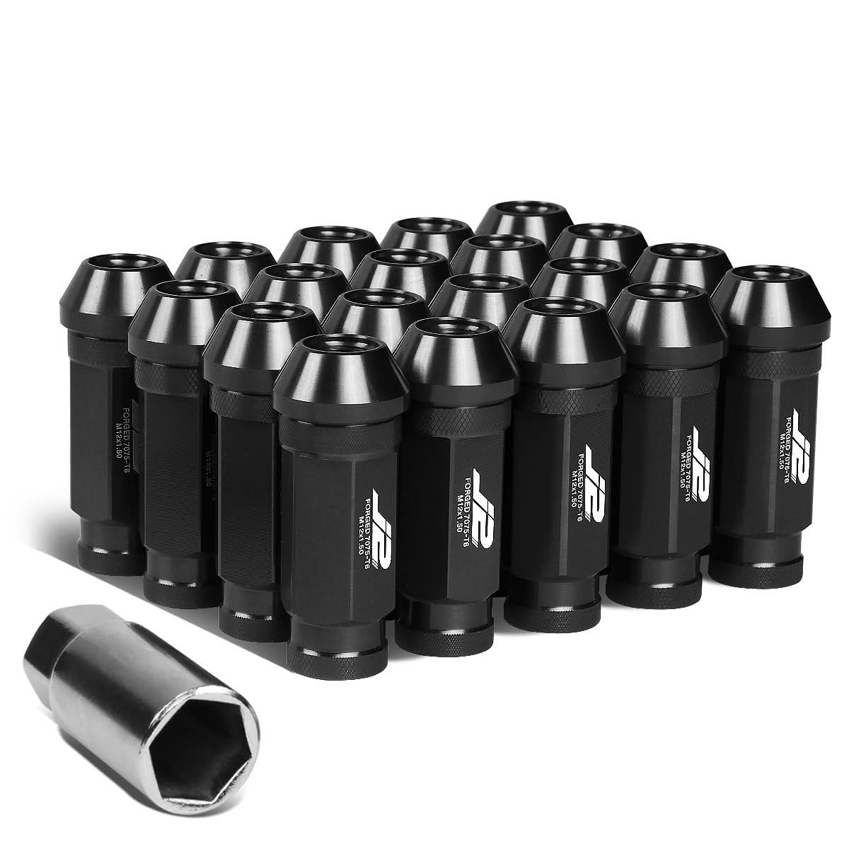 60MM Open-End Aluminum Lug Nuts M12x1.5 20PCS w/ Adapter Black
