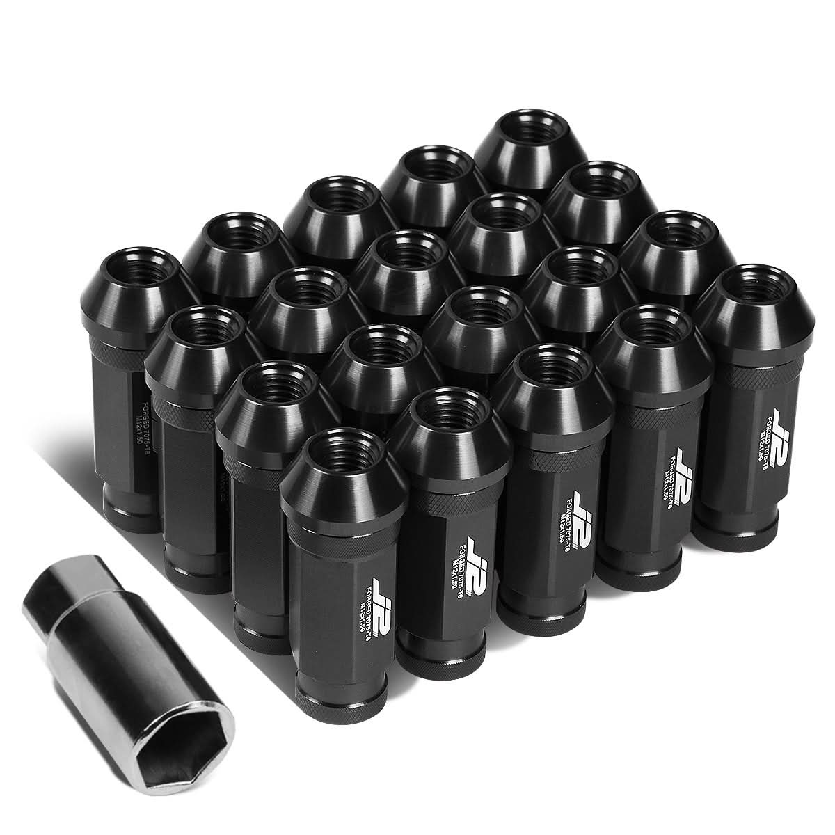 60MM Open-End Aluminum Lug Nuts M12x1.5 20PCS w/ Adapter Black