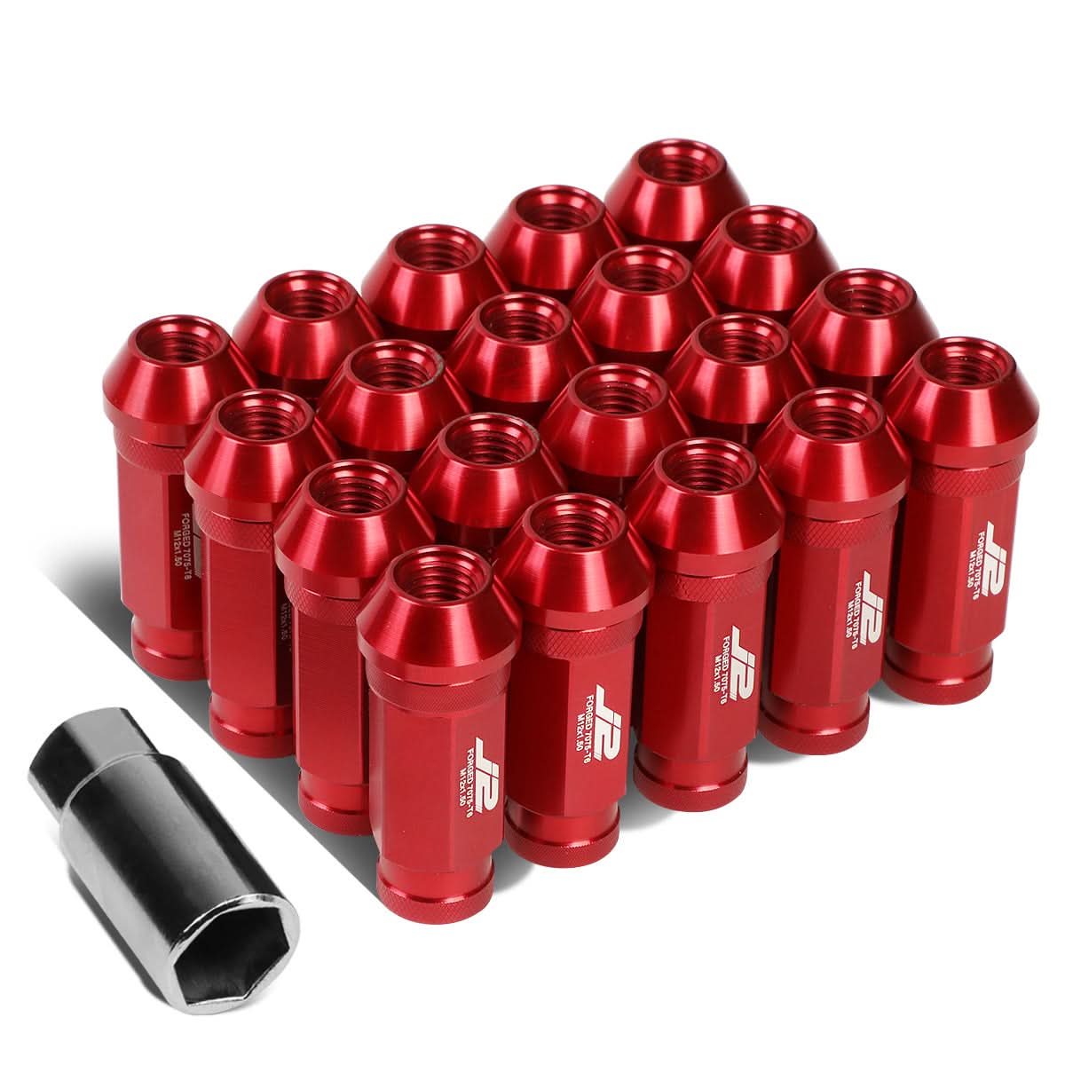Red Aluminum Open-End Lug Nuts M12x1.5 60MM 20PCS Set w/ Adapter