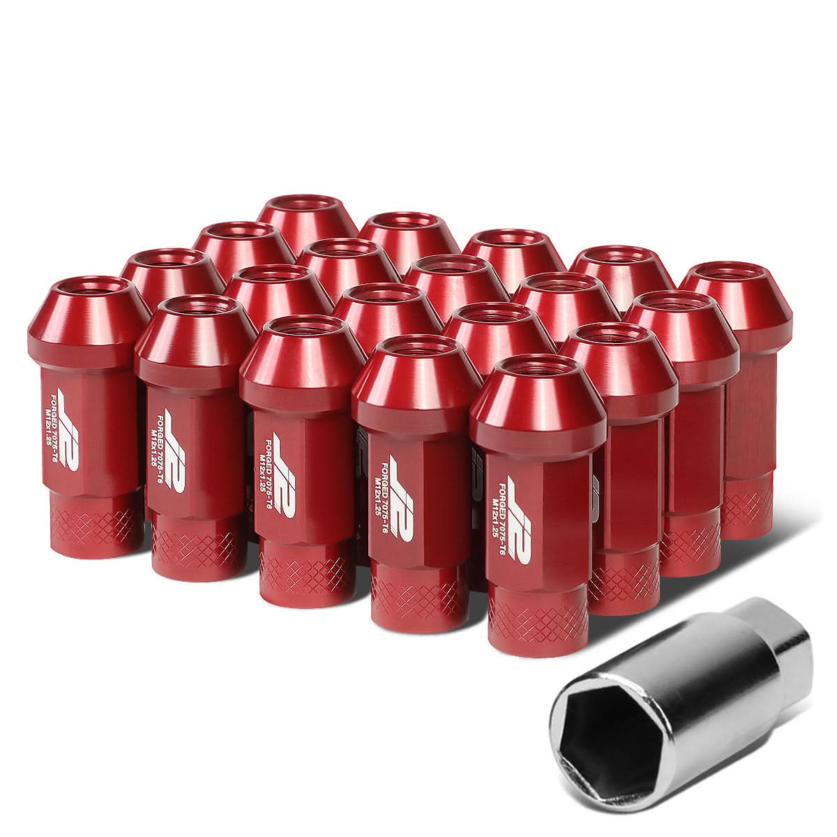 M12x1.25 50mm Open-End Aluminum Lug Nuts 20pc Set w/ Adapter Red