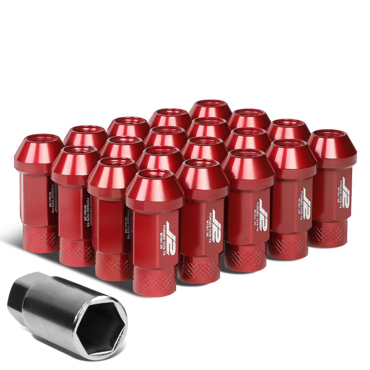 M12x1.25 50mm Open-End Aluminum Lug Nuts 20pc Set w/ Adapter Red