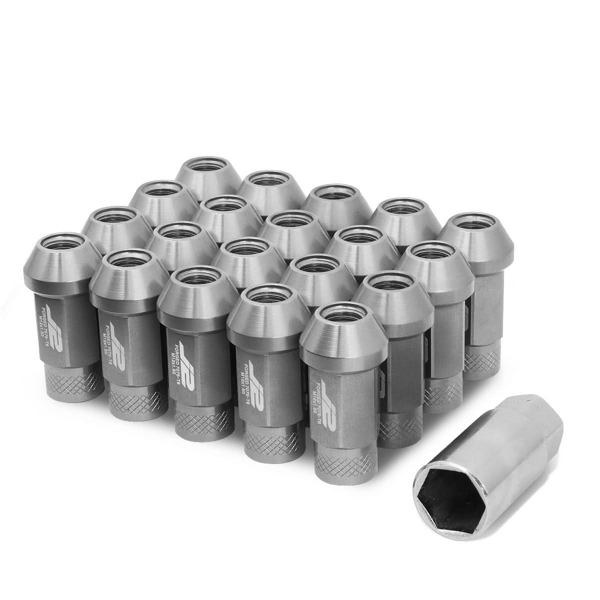 Aluminum Lug Nuts 50mm Open-End M12x1.5 20pc Set with Adapter Silver