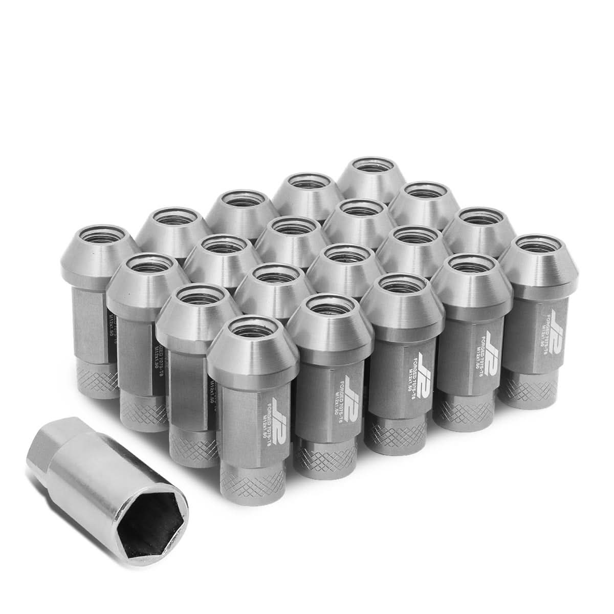 Aluminum Lug Nuts 50mm Open-End M12x1.5 20pc Set with Adapter Silver