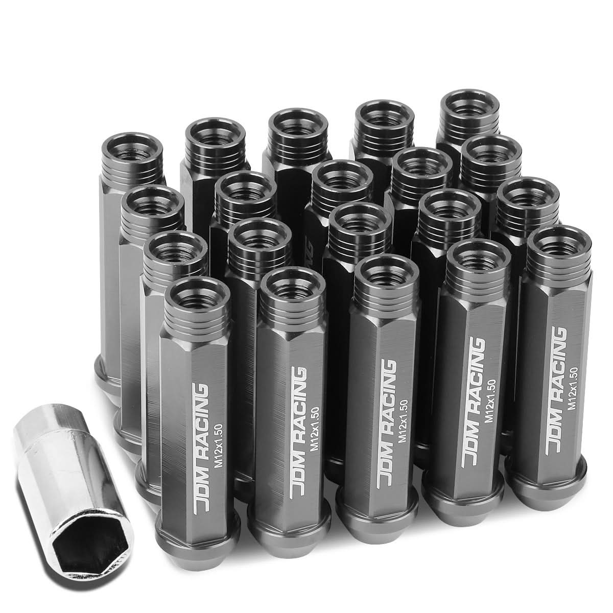 M12 x 1.5 Extended Acorn Lug Nuts 90mm Gun Metal Aluminum 20pc