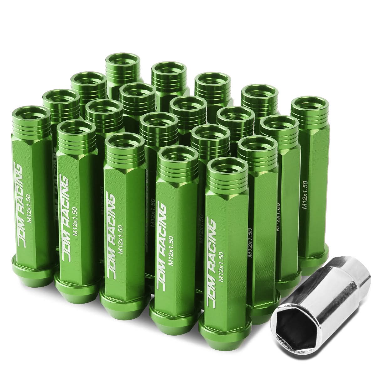 M12 x 1.5 Extended Acorn Lug Nuts 90mm Green Aluminum 20pc Set