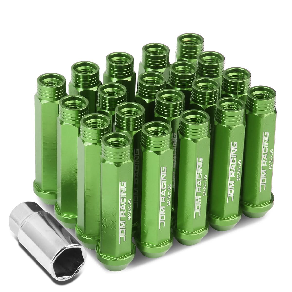 M12 x 1.5 Extended Acorn Lug Nuts 90mm Green Aluminum 20pc Set